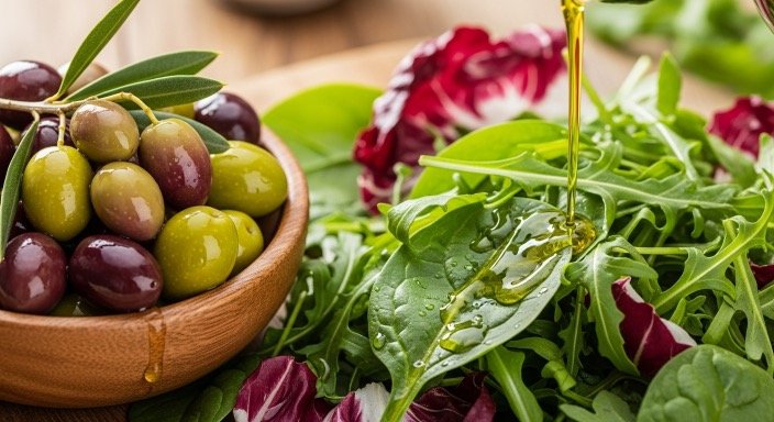 Pouring olive oil on salad — Mediterranean food starting with O