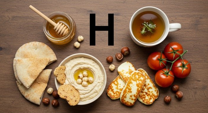 Foods that start with H — honey, hummus, heirloom tomato, hazelnuts, halloumi, herbal tea.