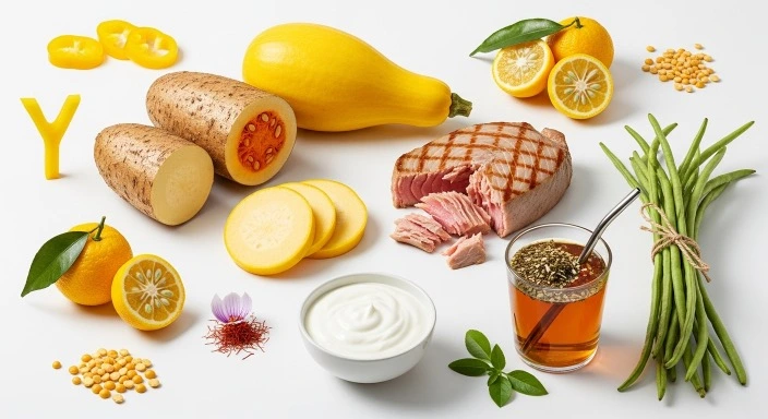Assorted foods that start with Y including yuzu, yam, yellow squash, yellowfin tuna, yogurt, and yerba mate.