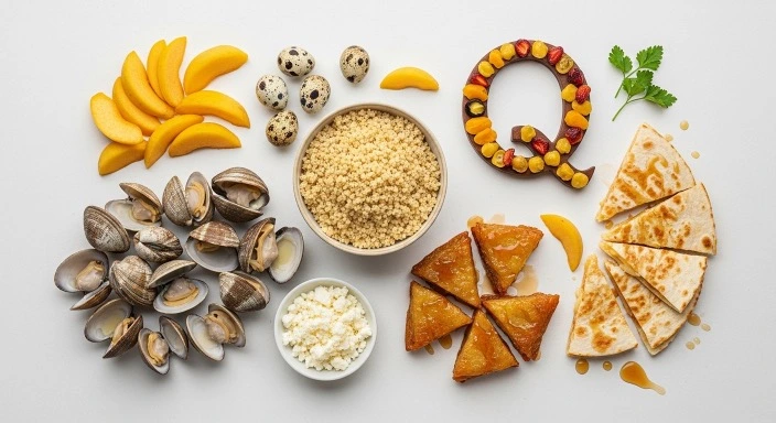 Foods that start with Q — quinoa, quince, quail eggs, queso fresco, clams, quesadilla.