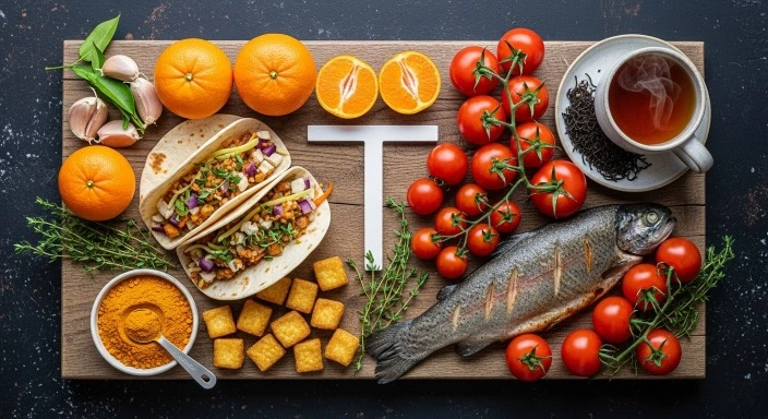 Foods that start with T — tacos, tofu, tangerines, turmeric, tomatoes, trout, thyme, and tea.