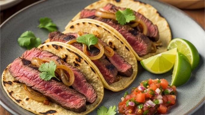 Skirt steak tacos with fresh ingredients and corn tortillas.