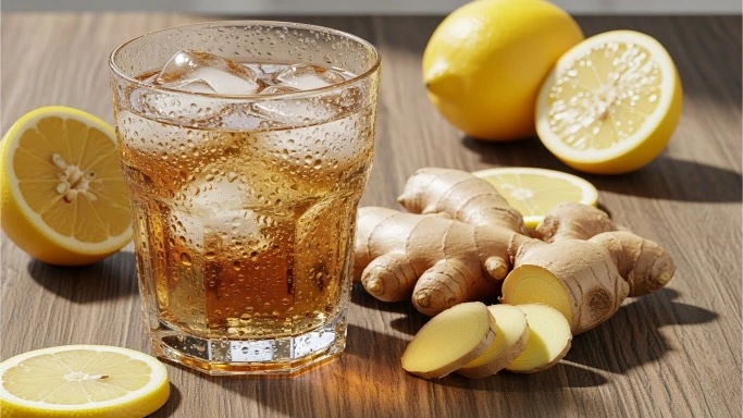Glass of ginger ale with fresh ginger and lemon